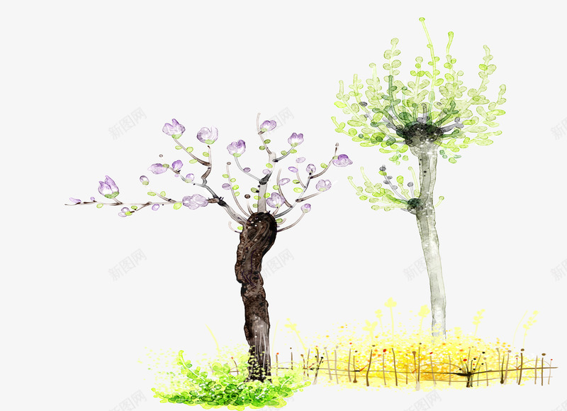 两棵手绘树psd免抠素材_新图网 https://ixintu.com 大树 小清新 彩色 手绘 树木