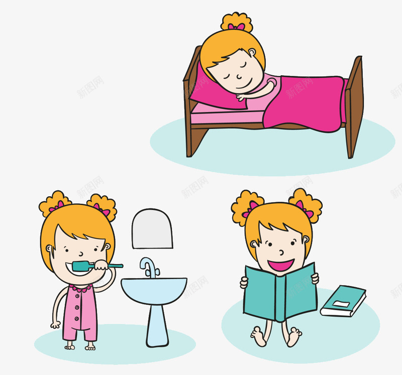 卡通小女孩png免抠素材_新图网 https://ixintu.com 儿童 刷牙 卡通人物 女生 小女孩 看书 睡觉 美女刷牙