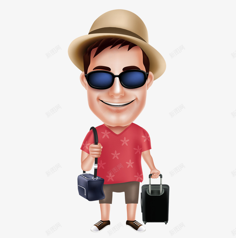 旅行的人png免抠素材_新图网 https://ixintu.com 卡通人物 卡通男人 墨镜 旅游 行李箱