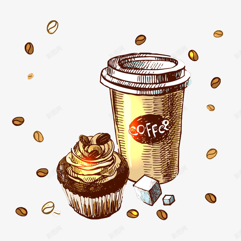 漂浮咖啡psd免抠素材_新图网 https://ixintu.com 咖啡豆 小蛋糕 悬浮咖啡饮料 简笔咖啡豆 糖块