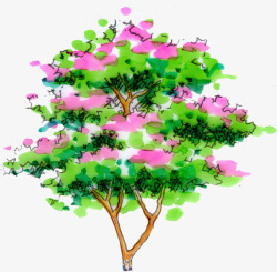 手绘粉色花朵植物大树素材