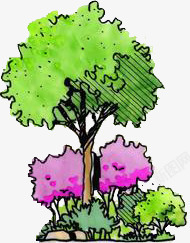 手绘绿色大树紫色小花素材