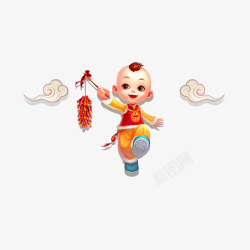 春节免抠图片大全提着鞭炮的福娃娃高清图片