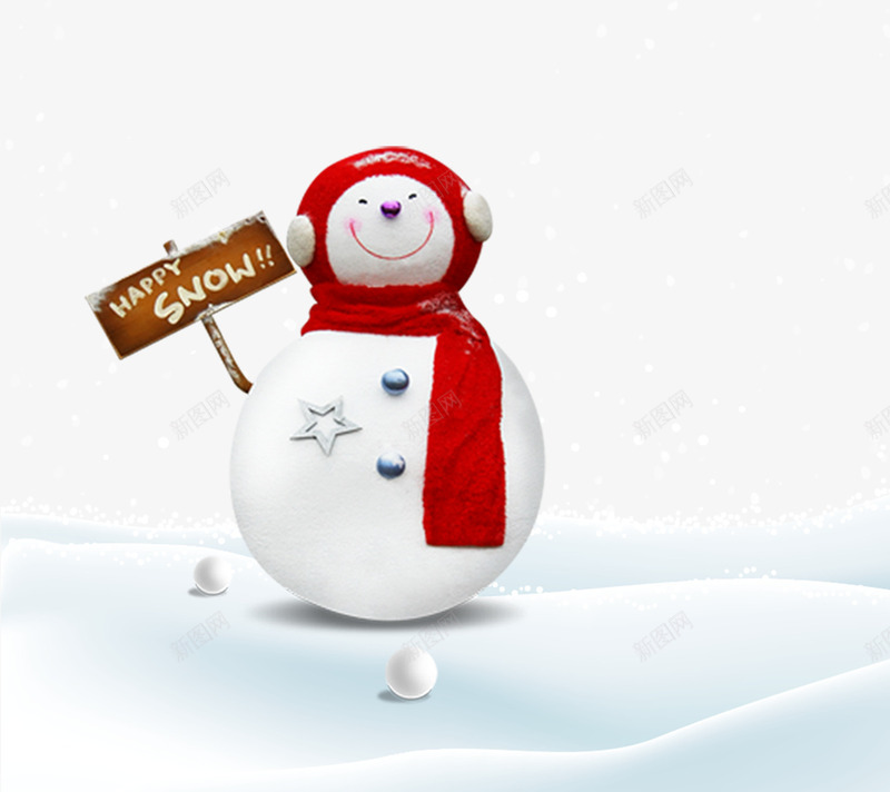 卡通雪地里的雪人png免抠素材_新图网 https://ixintu.com 卡通 的雪人 红色的围巾 路牌 雪地里 雪球装饰 雪花