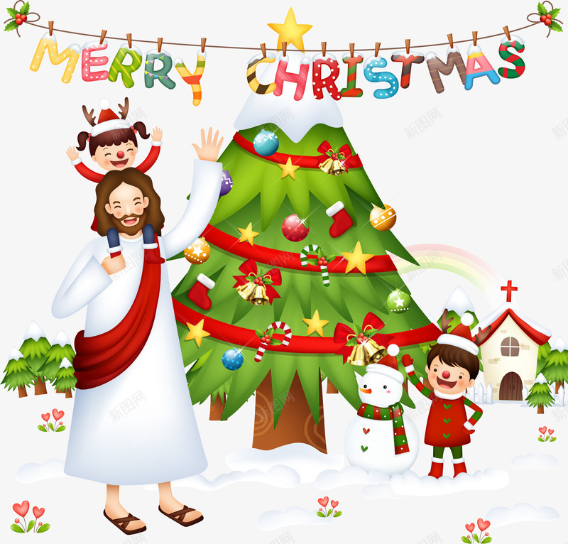 圣诞树与耶稣png免抠素材_新图网 https://ixintu.com 卡通人物 卡通插画 圣诞快乐 圣诞树 矢量人物 耶稣 雪人