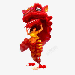 春节红色舞狮少年素材