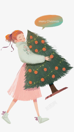 抱着圣诞树的女孩素材