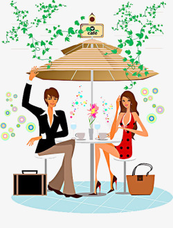绿色套装男女卡通夏天伞下喝茶的男女高清图片