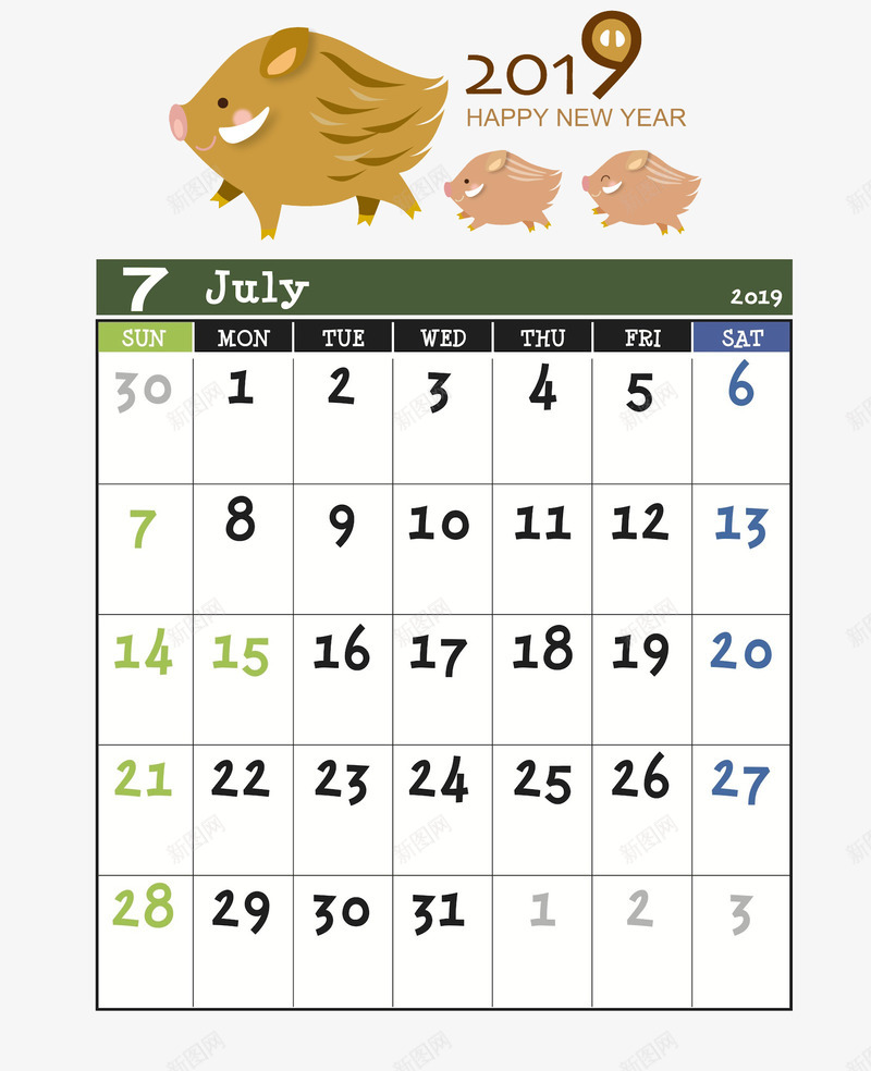 猪年日历7月专用psd免抠素材_新图网 https://ixintu.com 7月专用 卡通 手绘 日系 春节装饰 猪年日历