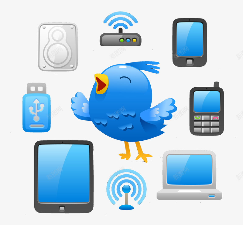 蓝色小鸟和图标png_新图网 https://ixintu.com USB U盘 iPad 信号接收器 卡通小鸟 图标 小图标 手机 无线路由器 电脑 科技 网络科技 蓝色小鸟