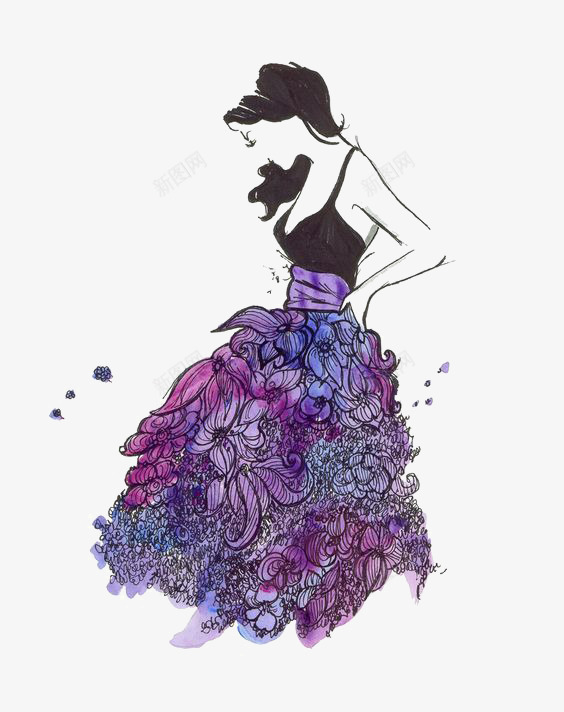 女生png免抠素材_新图网 https://ixintu.com 手绘女生 晚礼服 模特 紫色裙子 长发女生 长裙女生