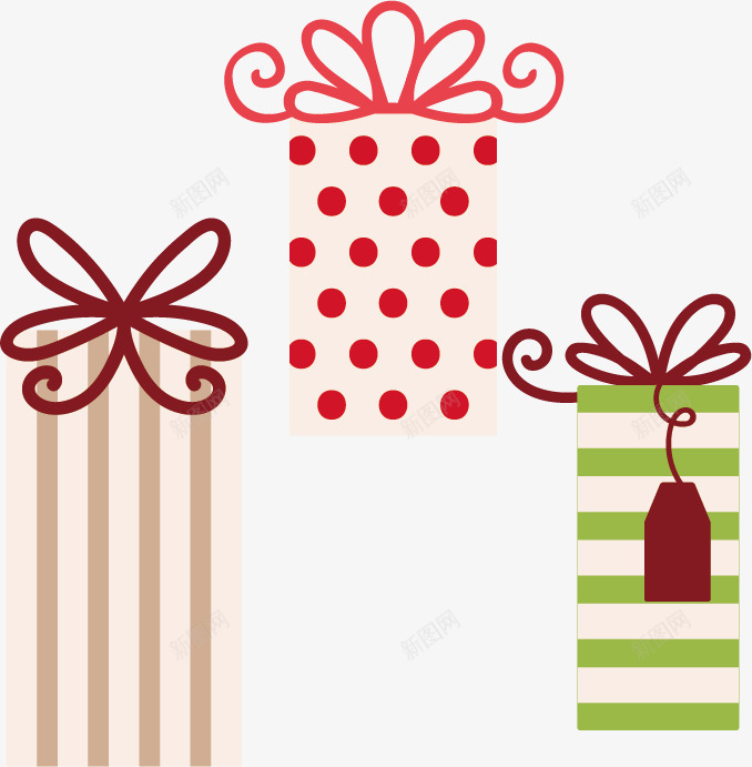 圣诞创意礼物盒矢量图ai免抠素材_新图网 https://ixintu.com 卡通 圣诞节 彩色 扁平 条纹 波点 礼品盒 礼物盒 简单 简约 红色 蝴蝶结 矢量图