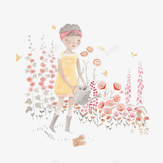 花园png免抠素材_新图网 https://ixintu.com 创意花朵 女孩 女生 手绘花园 浇花 花匠