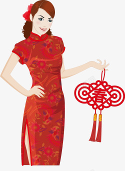 春节女人穿红色旗袍的女孩掐腰拿着中国结高清图片