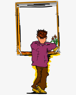 卡通手绘男人背面看窗外素材