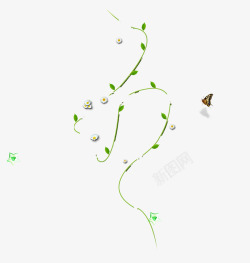 绿色叶子藤条蝴蝶漂浮素材