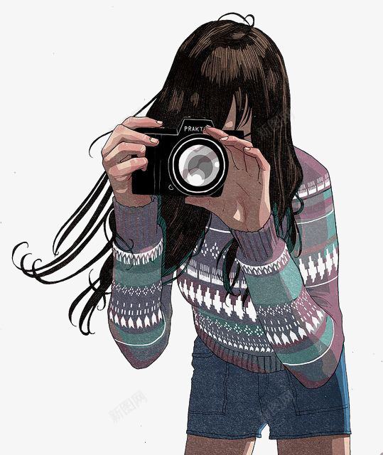 拍照png免抠素材_新图网 https://ixintu.com 女友 手绘女生 摄影 毛衣 照相机 长发