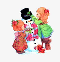 堆雪人的小女孩手绘堆雪人的小女孩插画高清图片