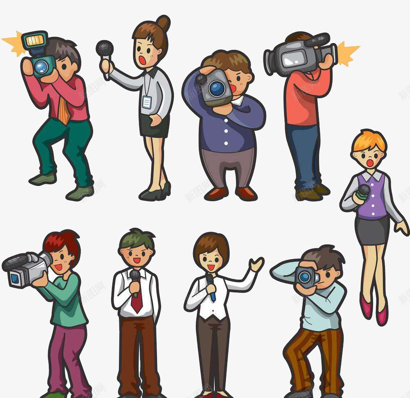 手拿话筒和照相机的媒体工作者png免抠素材_新图网 https://ixintu.com 图案 媒体工作者 彩色 手拿话筒 手绘风格 拿着东西的人 照相机