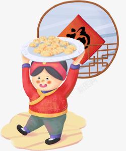 卡通新年头顶一盘饺子人物素材