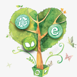 卡通绿色心形环保手绘大树素材