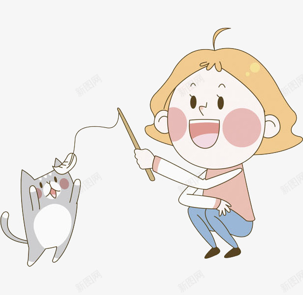 拿着食物逗小猫的场景png免抠素材_新图网 https://ixintu.com 可爱的 女生 手绘鱼竿 插图 猫食 玩耍的 高兴地 鱼竿