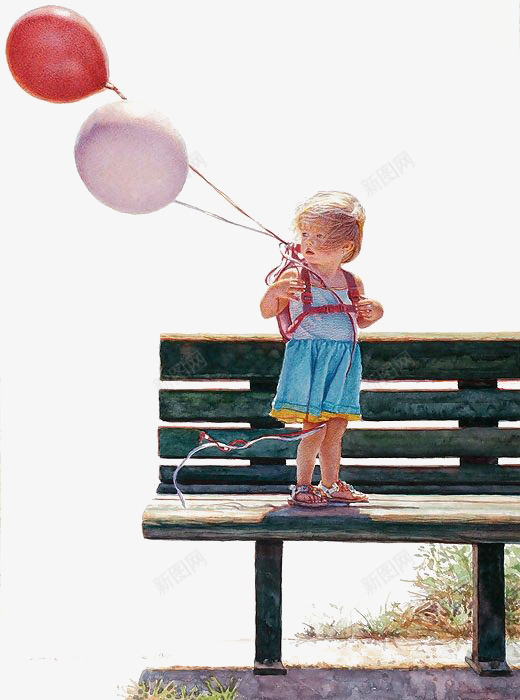 长椅png免抠素材_新图网 https://ixintu.com 公园长椅 卡通女孩 女孩 女生 小姑娘 木质长椅 气球 逛公园