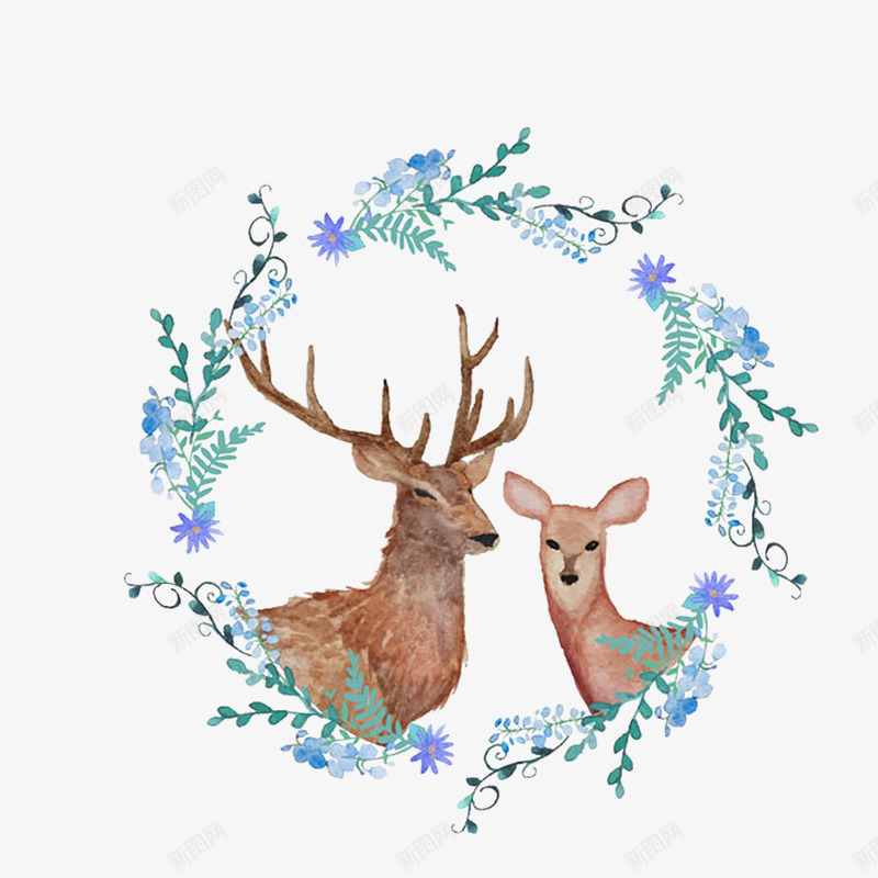 花环里的两只麋鹿psd免抠素材_新图网 https://ixintu.com 手绘插画 蓝色花环 遥望 麋鹿