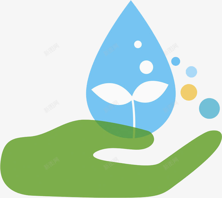 保护水资源png免抠素材_新图网 https://ixintu.com 卡通 手掌 手绘 水滴 水珠 水资源 环保 绿色 蓝色