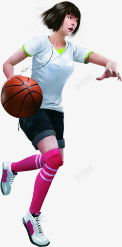 手绘玩篮球的女生素材
