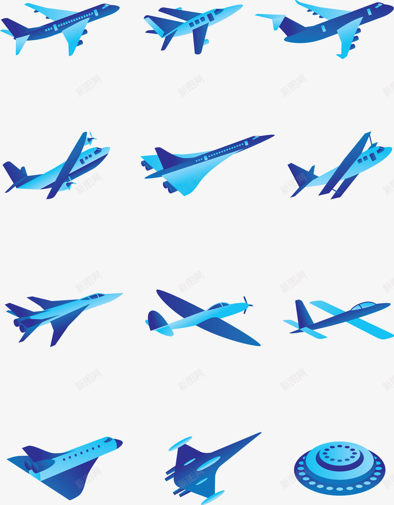 卡通飞机png免抠素材_新图网 https://ixintu.com 卡通 矢量手绘客机战机交通工具现代科技多款飞机飞碟宇宙飞船蓝色 飞机