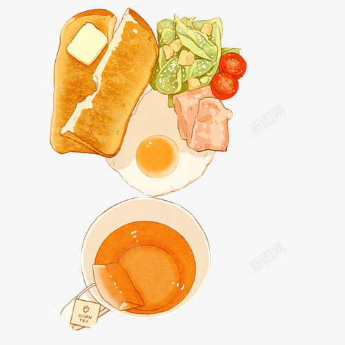 美式早餐手绘画片png免抠素材_新图网 https://ixintu.com 咖啡 小番茄 手绘美食 豌豆 面包黄油
