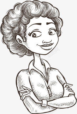 卡通铅笔手绘双手抱胸的卷发女人素材