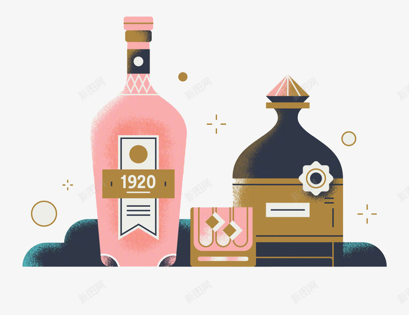 装有酒的酒瓶和杯子png免抠素材_新图网 https://ixintu.com 创意 卡通手绘 粉红色 酒 酒杯 酒瓶 饮品 黑色
