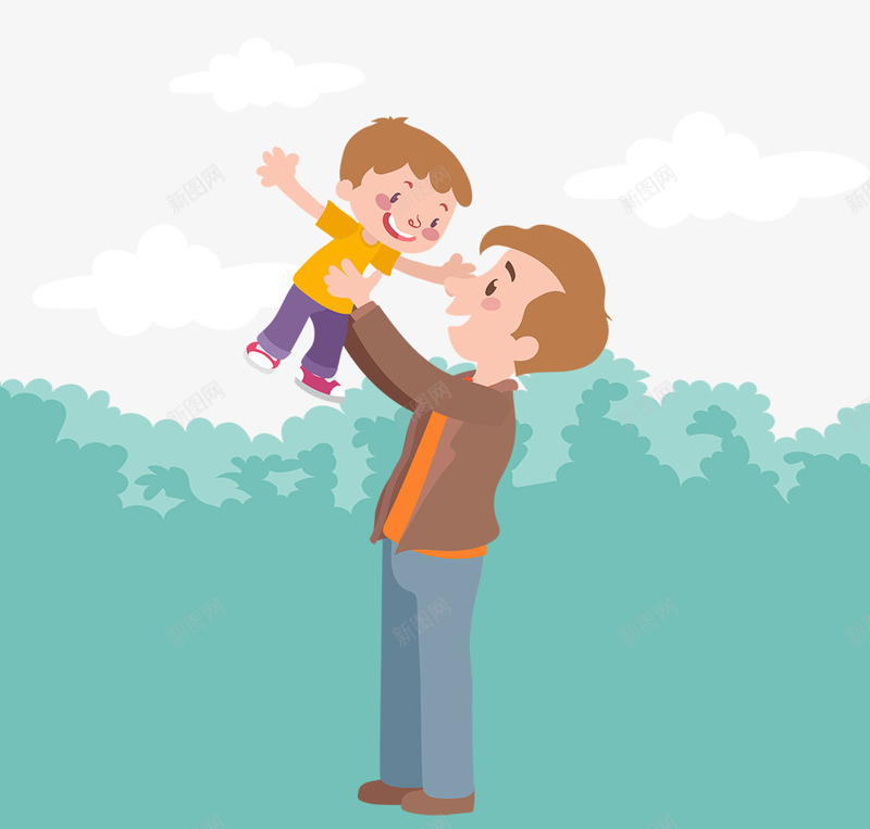 卡通手绘抱着孩子的爸爸psd免抠素材_新图网 https://ixintu.com 卡通 手绘抱着孩子的爸爸 站立的男人 绿色的草丛 高兴的孩子