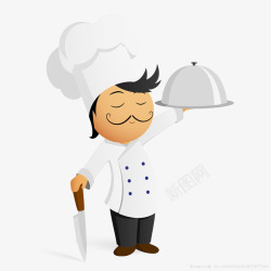 拿刀的厨师卡通男厨师一手拿刀一手托盘子插高清图片