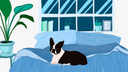 卡通手绘简约装饰卡通手绘卧在床上的宠物狗高清图片