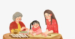 包饺子插画喜庆手绘插画过年一起包饺子插图高清图片