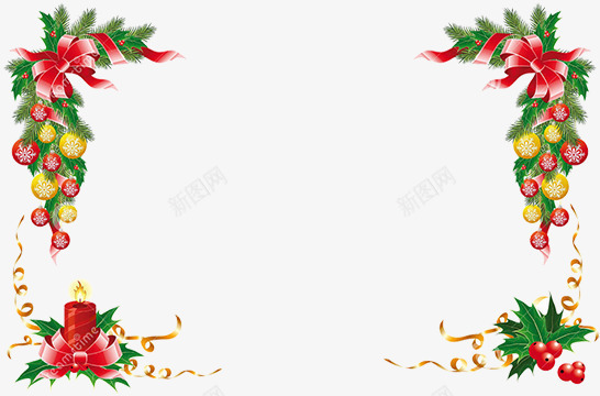 圣诞节边框png免抠素材_新图网 https://ixintu.com 圣诞节素材 彩带 松针 松针素材 蜡烛 蝴蝶结 铃铛