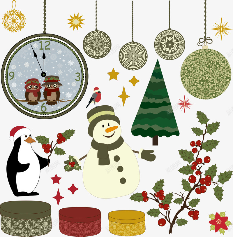 圣诞企鹅与圣诞装饰png免抠素材_新图网 https://ixintu.com 卡通 卡通圣诞 圣诞 圣诞企鹅 圣诞装饰 礼盒 雪人