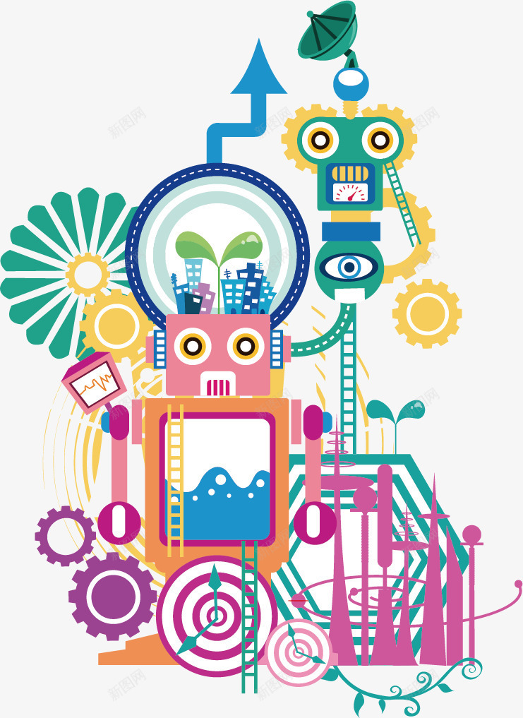 卡通机器人是png免抠素材_新图网 https://ixintu.com 创意 卡通动漫 城市 彩色手绘 机器人 现代 科技 齿轮