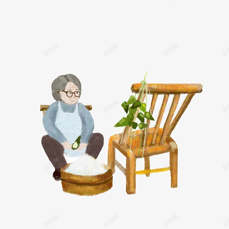 老奶奶与竹椅png免抠素材_新图网 https://ixintu.com 卡通 卡通设计 手绘 木桶 椅子 温馨的画面 竹椅 老婆婆卡通