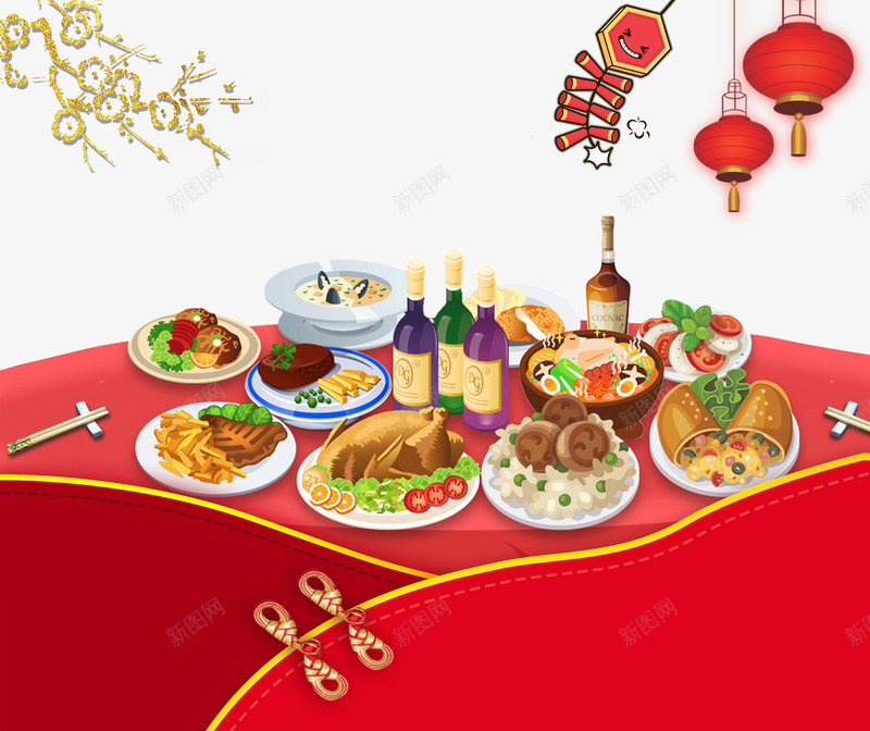 新年年夜饭喜庆背景psd分层图png免抠素材_新图网 https://ixintu.com 创意花边儿 卡通手绘鞭炮 喜庆创意背景 宴席 家宴 年夜饭 新年 欢度春节 灯笼 金色梅花