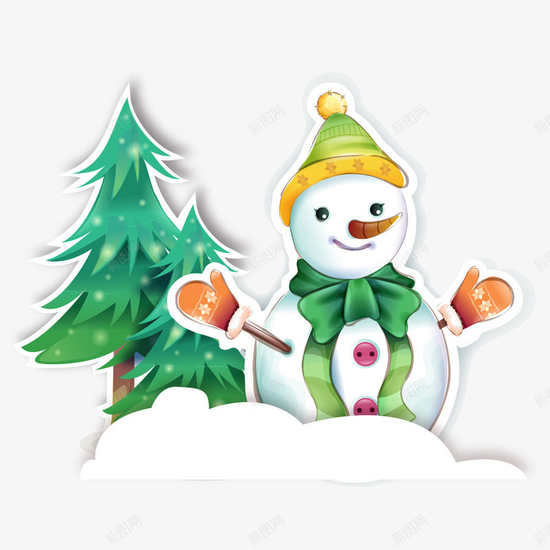 白色雪人和绿树png免抠素材_新图网 https://ixintu.com 树 白色 绿 雪人和