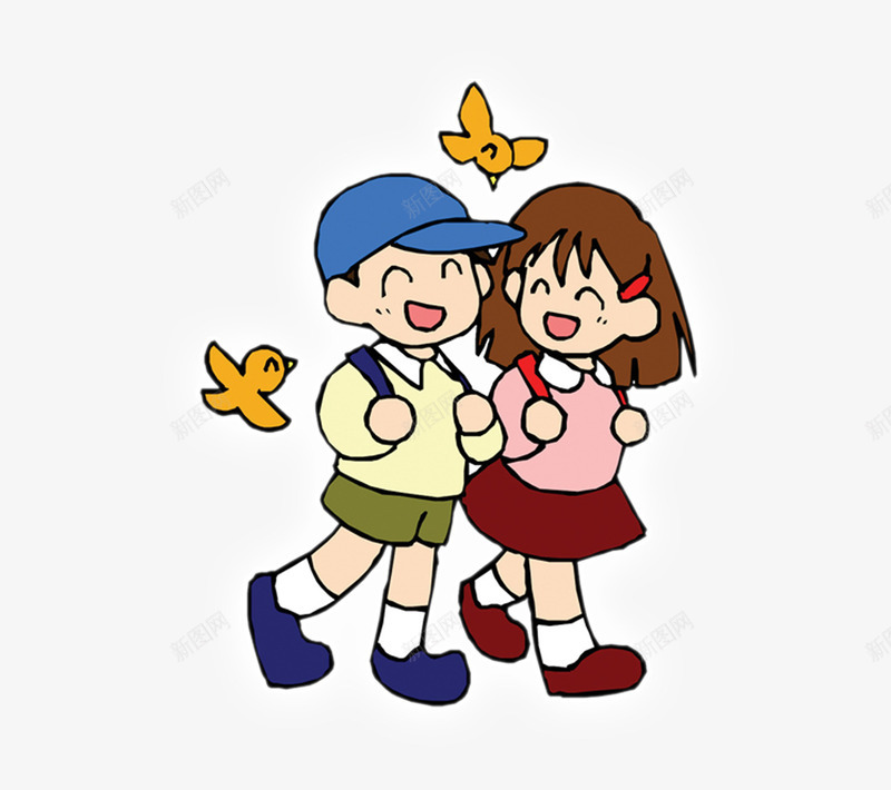 卡通小学生png免抠素材_新图网 https://ixintu.com png图片素材 书包 免费png素材 女同学 小鸟 男同学