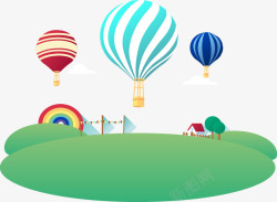 手绘绿色草坪热气球图案素材