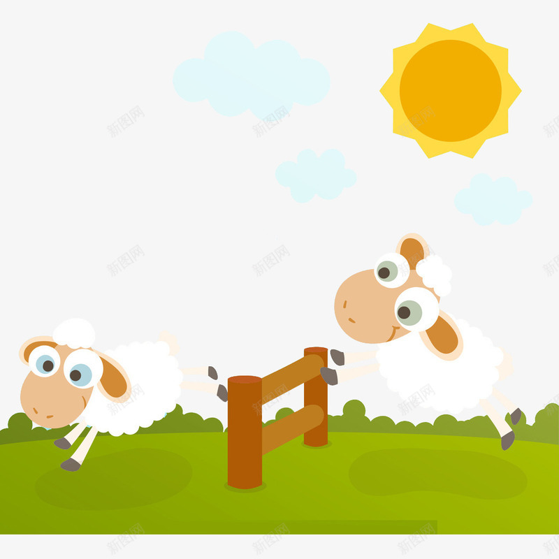 草地上的小羊png免抠素材_新图网 https://ixintu.com 卡通 太阳 小羊 手绘 绵羊 绿色 草地