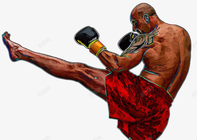 拳击运动员png免抠素材_新图网 https://ixintu.com 个头 健身 卡通 手绘 打拳 拳击 油彩画 男人 红色 踢腿