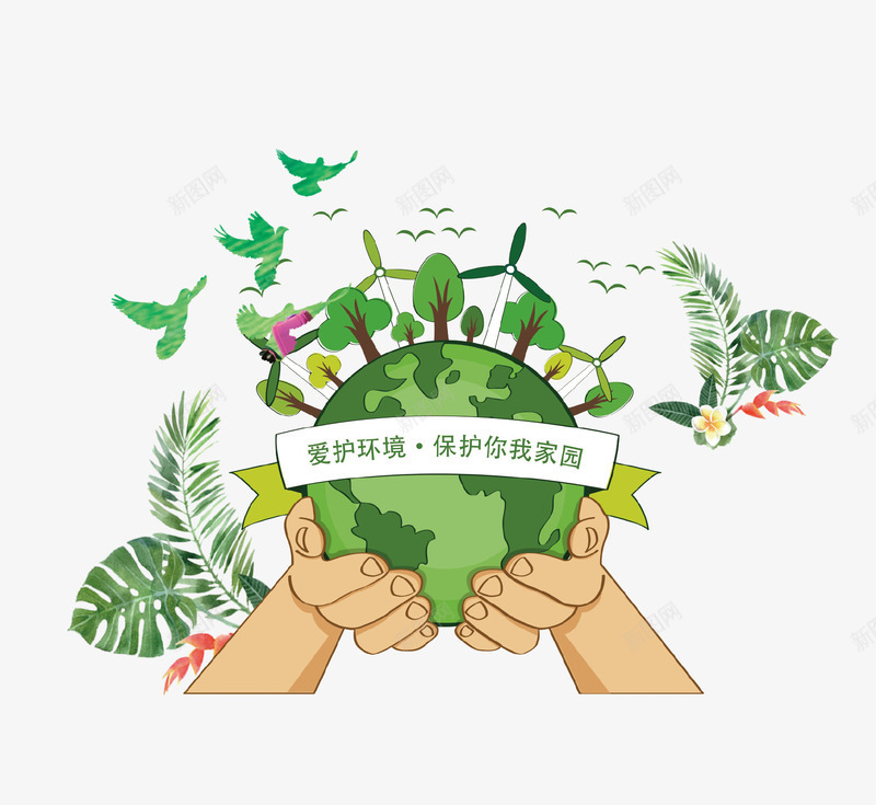 com 地球 手绘 插画 树叶 清新 爱护环境 绿色