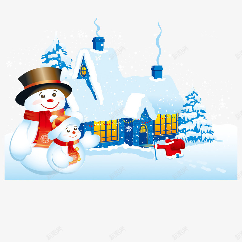 卡通圣诞房子和雪人png免抠素材_新图网 https://ixintu.com 卡通 圣诞节 房子 雪人